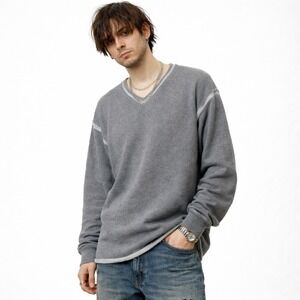 GUESS Wool Blend V-Neck Sweater Sz L Gray Prep Retro Grunge Rockabilly 90s Y2K